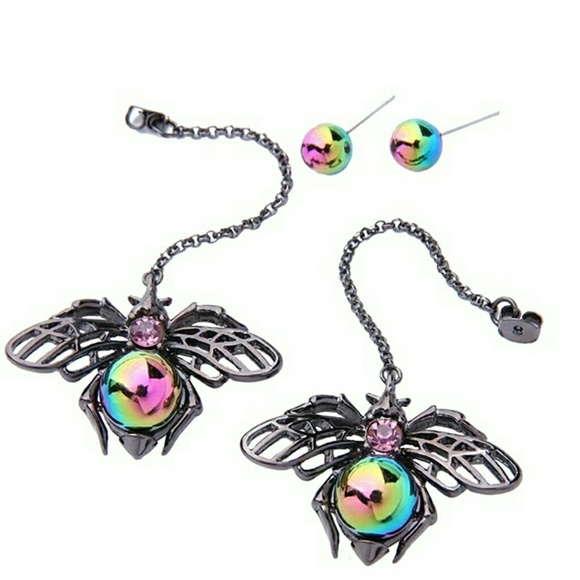 Iridescent Bees Dangle Earrings  Ear Jacket Style - Picture 3 of 6